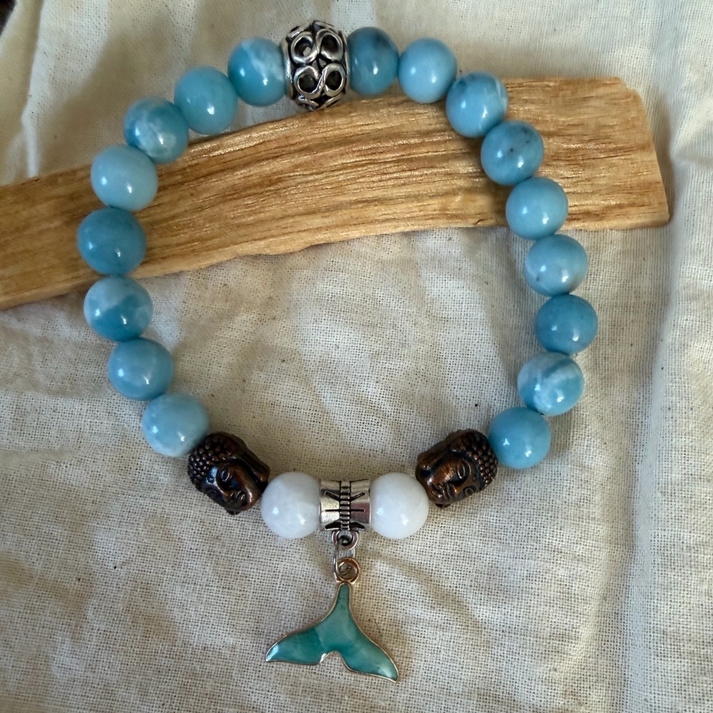 Handmade 8mm Larimar Beaded Bracelet with Mermaid Tail Charm - Stretch 6-7"